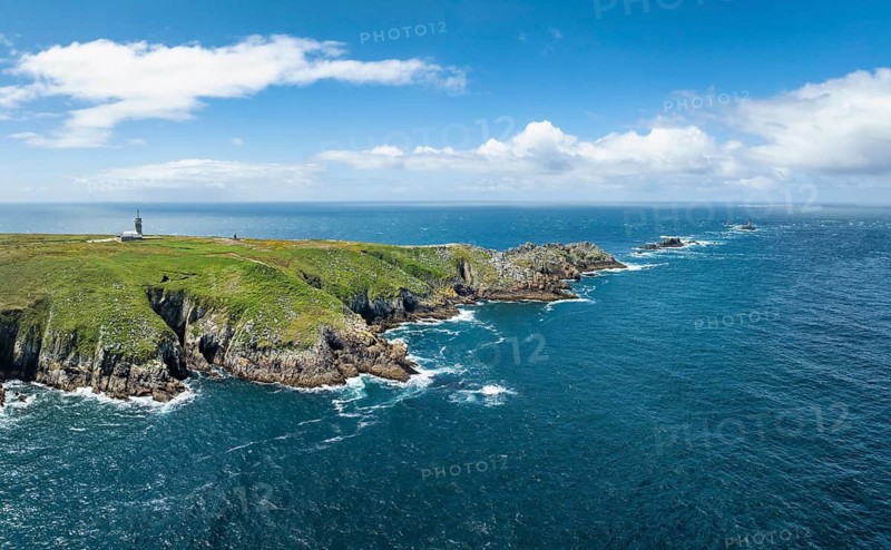 Aerial view, panorama of the Pointe du Raz headland on the stormy Breton coast with white ocean spray on the edges, Plogoff, Cap Sizun, Finistère department, Brittany region, France