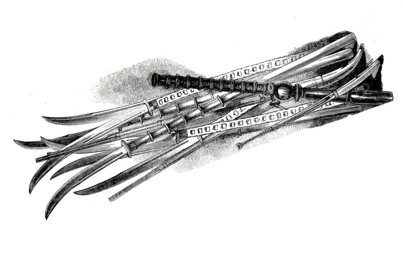 Collection of Chinese weapons captured by British officers during the First Opium War (1840–1842), collection of traditional military weapons from the Qing Dynasty, illustration, reproduction of a 19th-century original. Authentic, file restored for optimal use, exact date of the original unknown, historical