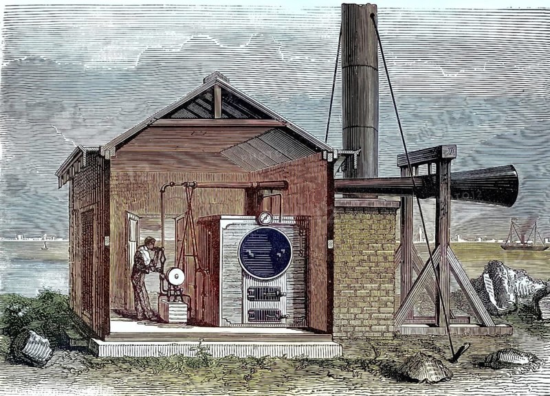 Historic steam-powered fog siren, Brown's Steam Powered Fog Siren, on a coast of the USA from the late 19th century, illustration, reproduction from a 19th-century model. Authentic, file restored for optimal use, exact date of original unknown, historical, nostalgically colored