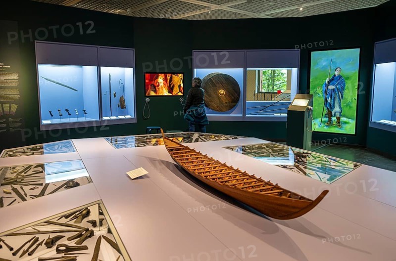 Exhibition room with galley and showcases, Varus Battle Roman Museum Kalkriese, Bramsche, Lower Saxony, Germany
