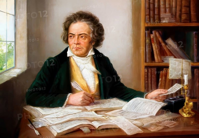 Ludwig van Beethoven composing in his study, writing the pastoral symphony, digitally edited based on a historical illustration by Wilhelm Faßbender