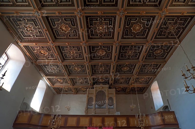 Cassette ceiling and organ gallery of the Church of the Assumption of Mary, Ostritz, Upper Lusatia, Saxony, Germany