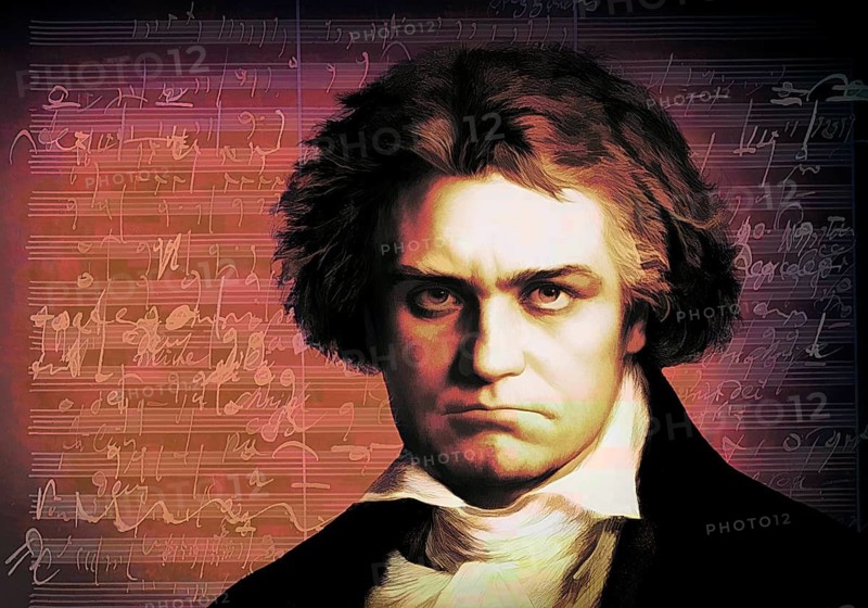 Ludwig van Beethoven, 1770 -1827, German composer, Mass in C major op. 86, autograph manuscript, grim facial expression, digitally edited based on a historical illustration by Ludwig Michalek