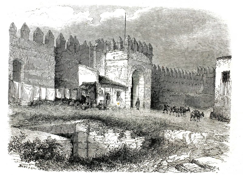 Puerta de San Juan in Seville, 1859, Moorish city wall, Spain, authentic, high-resolution reproduction from a 19th century model, exact date of depiction unknown, historical