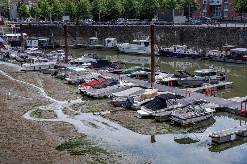 Low water in the Rhine near Cologne, the Rheinauhafen, motorboats on the jetty, are partly aground, on the day of recording it was the lowest Rhine level ever measured in Cologne, 60 cm, North Rhine-Westphalia, Germany