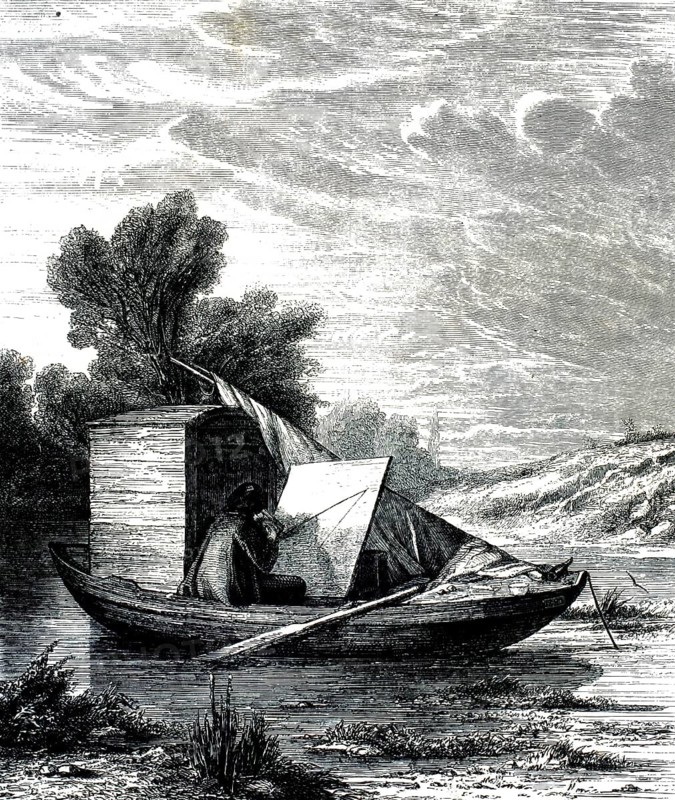 The picture shows an artist sitting in a small boat on a river, sketching a landscape. The studio boat, dating from 1861, belonged to the French landscape painter Charles-François Daubigny (1817–1878) . Daubigny used this floating studio from 1857 onwards to paint landscapes along the Seine and Oise directly on site and under changing natural lighting conditions, an authentic, high-resolution reproduction of a 19th-century original, the exact date of the scene is unknown, Historical