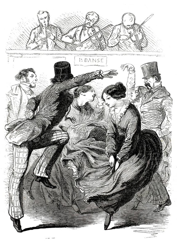 A dancing couple in the foreground, surrounded by other ball-goers, whilst in the background musicians play on a platform. The illustration is by the French artist and illustrator Henri Valentin (1820–1855) and is entitled *Pendant le carrousel* (During the Carousel) . This is a lively, contemporary caricature or press illustration from the 19th century, capturing the social enjoyment and dynamism of a ball, an authentic, high-resolution reproduction of a 19th-century original, exact date of the depiction unknown, historical