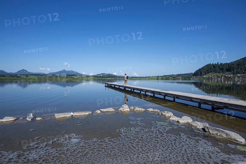 Algae foam on the shore, Hopfensee, Hopfen am See, near Füssen, Ostallgäu, Allgäu, Bavaria, Germany