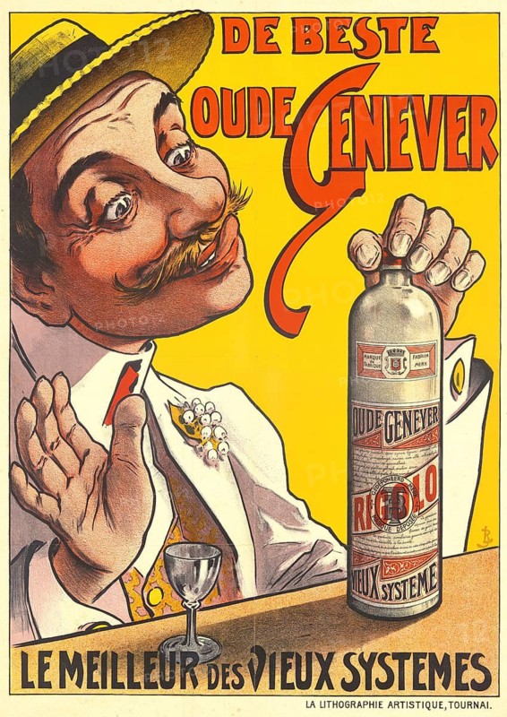 Advertising poster, beverage advertisement, advertisement for Oude Genever comes from the Belgian distillery Rigaux. The depicted man in a straw hat is a typical figure for advertising from this era, 1910, authentic reproduction of a historical advertising poster, advertising sign, in high resolution