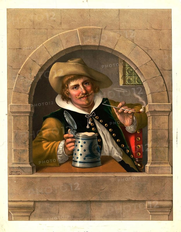 Advertising poster, beverage advertisement, lithograph by Moritz Ulffers from 1880 depicting a cheerful man drinking beer and smoking pipes in a tavern. Man in historic traditional costume from the 17th century standing in a brick arched window. He holds a Westerwald earthenware beer mug with cobalt blue decoration filled with foam and smokes a traditional long clay pipe, authentic reproduction of a historical advertising poster, advertising sign, in high resolution