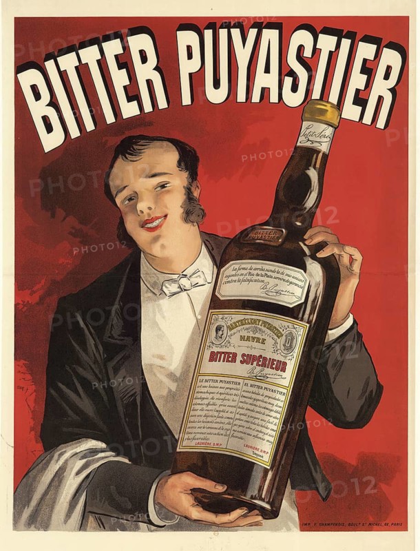 Advertising poster, beverage advertisement, advertising poster from 1891 for the French liqueur Bitter Puyastier, showing a waiter presenting a large bottle of the liquor with the lettering Bitter Superieur, authentic reproduction of a historical advertising poster, advertising sign, in high resolution
