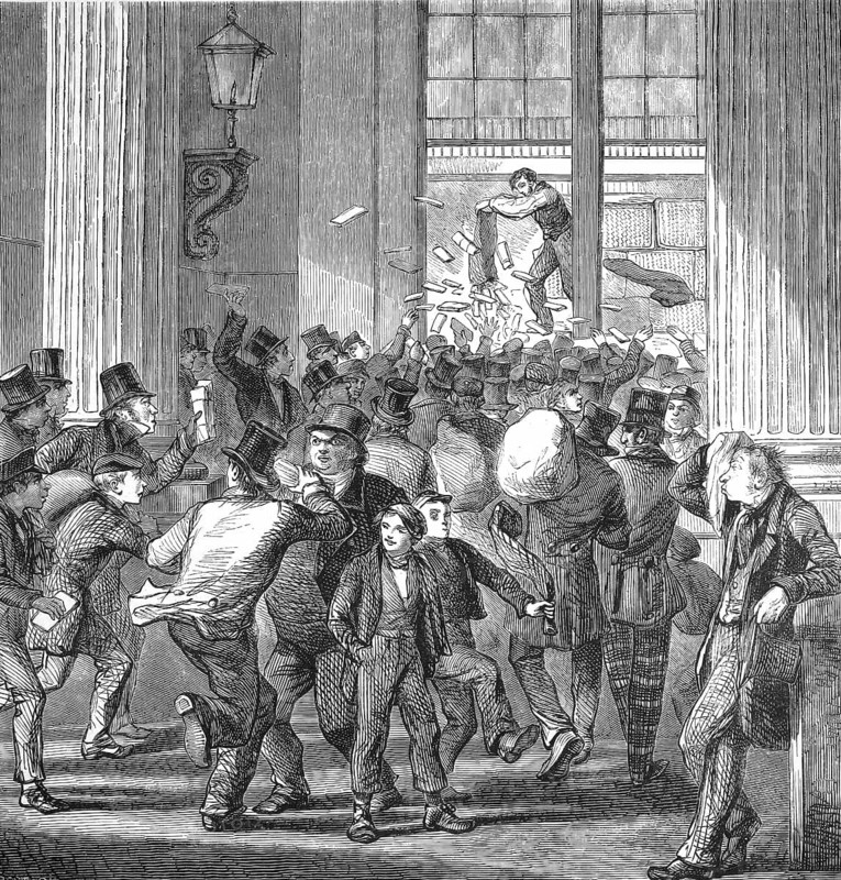 The General Post Office (GPO) in London at closing time, at 6.00 pm sharp, in the 19th century. This historic woodcut captures the daily, chaotic rush of Londoners trying at the last minute to post their letters in front of the post office counters close. The main building of the General Post Office at St Martin's Le Grand (opened in 1829) was famous for this nightly commotion, as additional charges were levied after 6.00 pm or letters were not transported until the following day. An authentic, high-resolution reproduction of a 19th-century original, the exact date of the scene is unknown. Historical