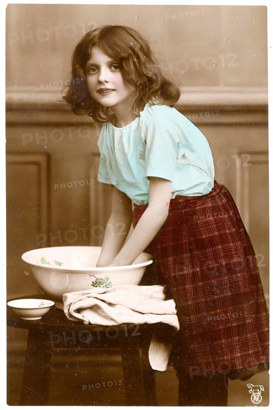 Girl, wash bowl, colored, grace, art nouveau, A young girl washes something in a wooden bowl and looks up curiously, around 1910