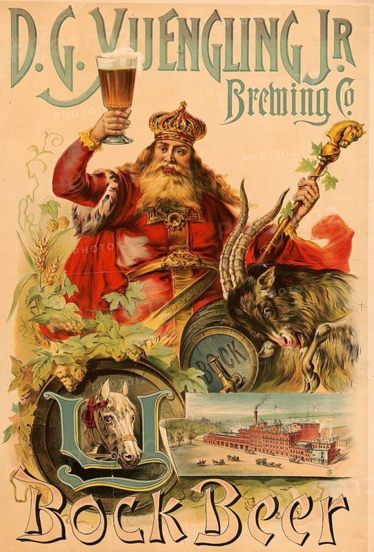 Advertising poster, beverage advertisement, poster from 1890 for the bock beer of D.G. Yuengling Jr. Brewing Co. of Pottsville, Pennsylvania. The work of art was created by Louis Deutz and depicts the legendary King Gambrinus with a buck, authentic reproduction of a historical advertising poster, advertising sign, in high resolution
