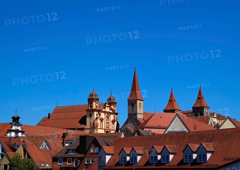 Protestant town church and collegiate church of the monastery, now St Vitus' Basilica, rooftops, Ellwangen (Jagst), Baden-Württemberg, Germany