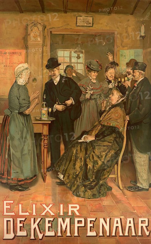 Advertising poster, beverage advertisement, Elixir de Kempenaar poster by Ernest Godfrinon from around 1905 promoting a spirit drink in Belgium, convivial scene in a bar or tavern, an elderly woman serving a glass of the elixir while customers look on in upscale clothing, authentic reproduction of a historical advertising poster, advertising sign, in high resolution