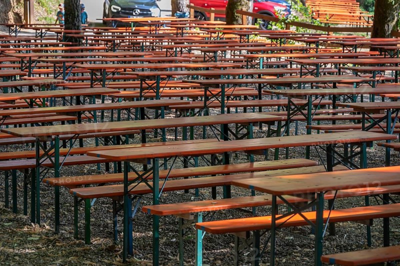 Empty beer tables and benches on a rock cellar, Senftenberg, Upper Franconia, Bavaria, Germany