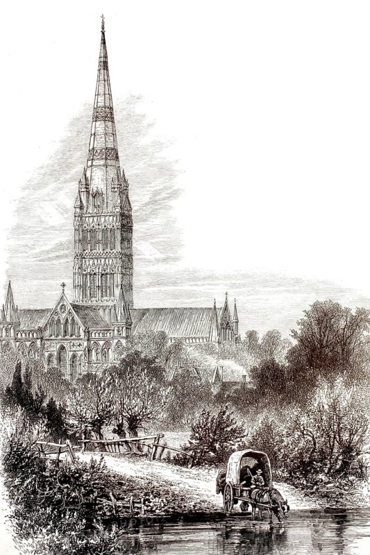 Salisbury Cathedral, The Cathedral Church of St Mary, St. Mary's Cathedral, County of Wiltshire, England, illustration, reproduction from a 19th century model. Authentic, file restored for optimal use, exact date of submission unknown, historical