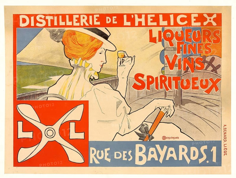 Advertising poster, beverage advertisement, advertising poster for the Distillerie de l'Helicex, 1895, depicting a woman in a hat enjoying a glass of liqueur, wine or spirits, authentic reproduction of a historical advertising poster, advertising sign, in high resolution