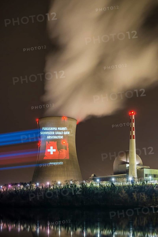 Protest action broadcast by the anti-nuclear organization, projection, night view, 05-03-2026, Waldshut, Leibstadt nuclear power plant, Rhine, Upper Rhine, Canton of Aargau, Switzerland