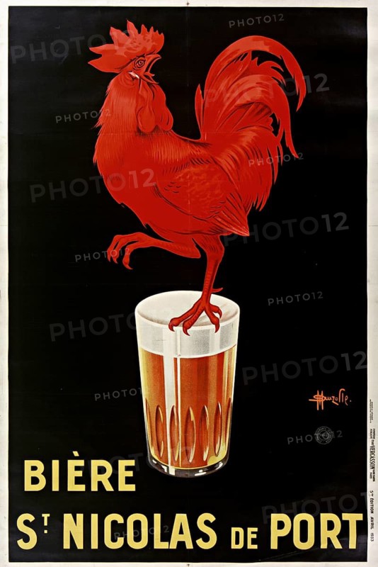 Advertising poster, beverage advertisement, advertising poster from 1933 for the beer beer St. Nicolas de Port. The design shows a bright red rooster standing proudly on a full glass of beer. The work of art was designed by French artist Marcellin Auzolle, authentic reproduction of a historical advertising poster, advertising sign, in high resolution