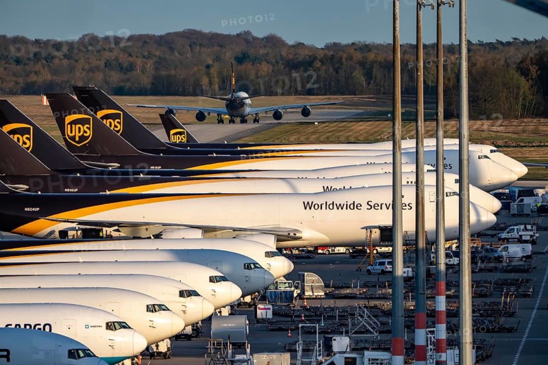 Cologne-Bonn airport, CGN, air freight center, UPS Logisic Hub, UPS cargo aircraft on the apron, UPS Boeing 747, jumbo jet, freighter on the way to takeoff
