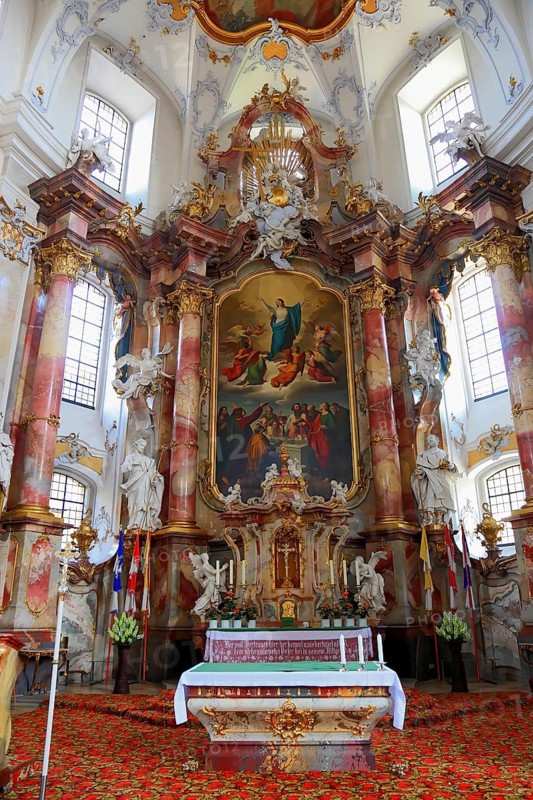 High altar in the Vierzehnheiligen Basilica, Bad Staffelstein, Lichtenfels district, Upper Franconia, Bavaria, Germany. The church, built according to plans by Balthasar Neumann, is dedicated to the fourteen emergency workers