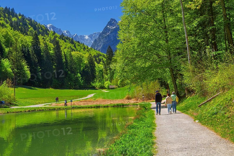 Hiking trail on Riessersee in spring, Garmisch-Partenkirchen, Loisachtal, Werdenfelser Land, Upper Bavaria, Bavaria, Germany