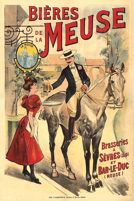 Advertising poster, beverage advertisement, poster promoting Bieres de la Meuse from the breweries in Sevres and Bar-le-Duc from 1900, shows an Art Nouveau scene in which a woman in a red dress serves a beer to a man on a white horse, authentic reproduction of a historical advertising poster, advertising sign, in high resolution