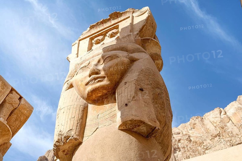 The Hathor capital columns, iconic ancient Egyptian pillars featuring the face of the goddess Hathor at the Temple of Hatshepsut, Luxor. Egypt