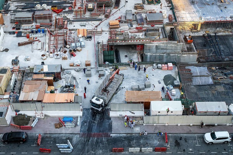 Bird's-eye view of large construction site construction site exit, Dubai, United Arab Emirates, UAE