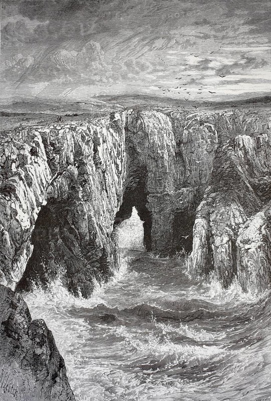 Rocks, landscape on the coast of Wales, illustration, reproduction from a 19th century model. Authentic, file restored for optimal use, exact date of submission unknown, historical