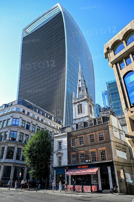 View of 20 Fenchurch Street skyscraper, walkie talkie, and the historic church of St. Margaret Pattens, City of London, London, England, Great Britain, Great Britain