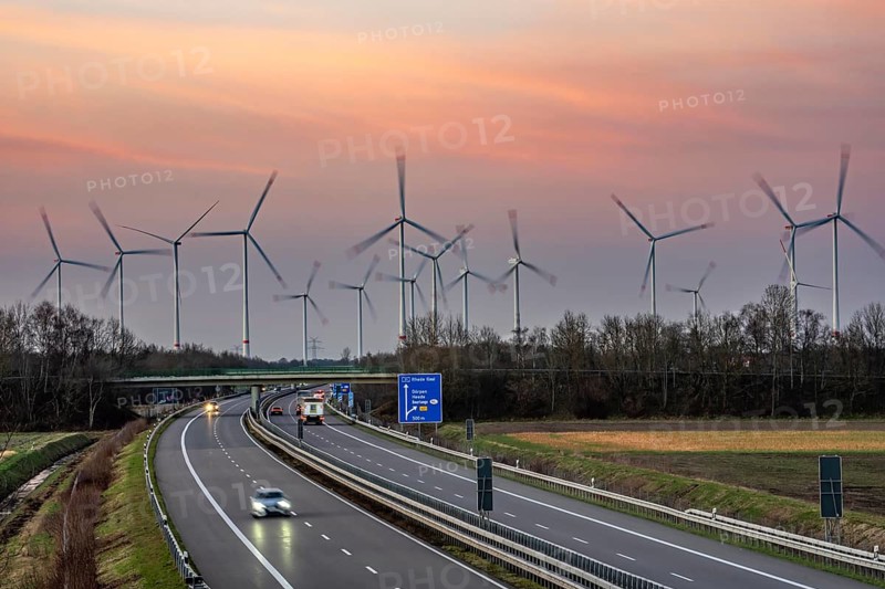 Borsum wind farm, near Rhede, on the A31 motorway, the wind farm was put into operation in 2001 and repowered in 2024, 13 old turbines were dismantled and replaced with 8 new Enercon E160 wind turbines and an Enercon E147, with a total output of almost 50 MW, Lower Saxony, Germany