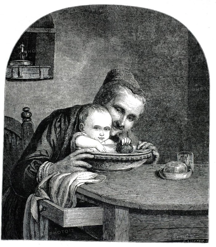 A scene in which a grandmother (or elderly woman) is holding a small child or baby at a wooden table. The child is reaching curiously or playfully into a bowl of food or water. An open table drawer can be seen in the foreground. On the right-hand side of the table are a small plate of food and a glass, an authentic, high-resolution reproduction of a 19th-century original, exact date of the depiction unknown, historical