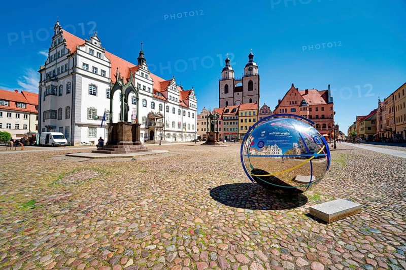 Market square with town hall, city church, town and parish church of St. Marien and globe with QR code for historical apps, UNESCO World Heritage Site, Luther city Wittenberg, Saxony-Anhalt, Germany