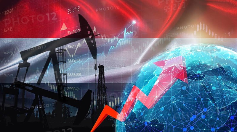 Global oil growth with Yemeni flag. International oil exports with Yemen flag on the economic chart