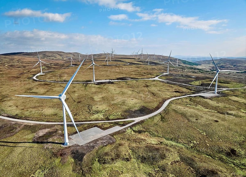 Aerial photo of a wind farm in the Scotish highland near Lairg, Scotland, UK