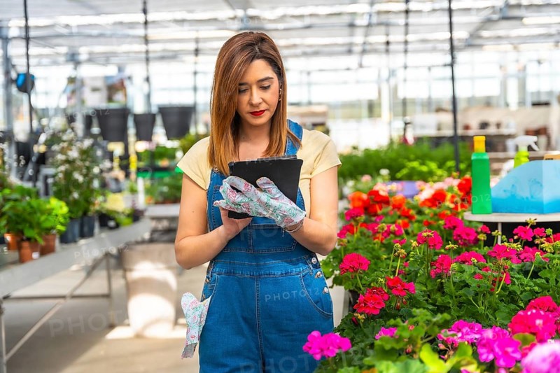 Woman gardener wearing denim overalls and gloves using a digital tablet to manage plant inventory and horticultural tasks among rows of vibrant flowers and green foliage inside a bright greenhouse
