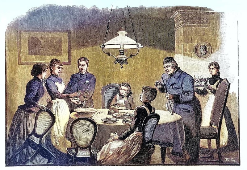 Lead casting, a social group in which molten lead is traditionally formed in cold water to predict the future, 1890, illustration, reproduction from a 19th-century model. Authentic, file restored for optimal use, exact date of original unknown, historical, nostalgically colored