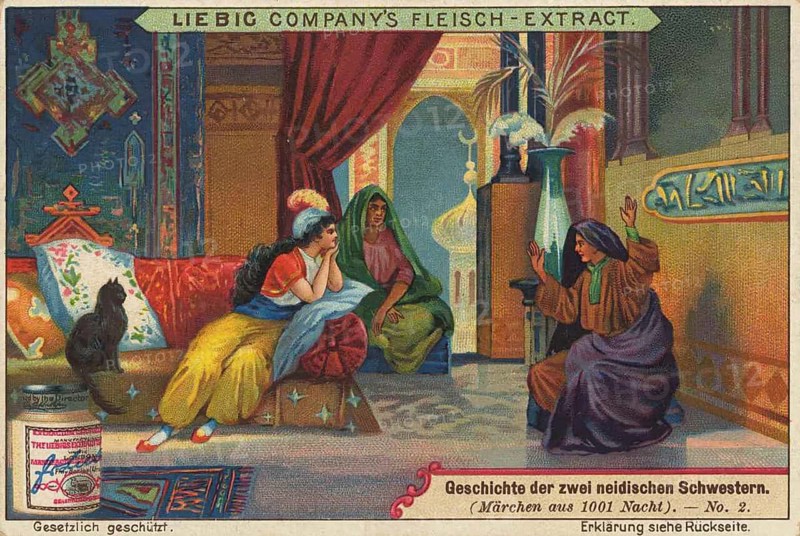 Picture series One Thousand and One Nights, story of the two envious sisters. Three woman can be seen in an oriental interior setting. A cat sits on a divan on the left, and in the foreground left is a crucible with Liebig's meat extract, picture of a digitally restored reproduction of a collector's painting from around 1900, exact date unknown