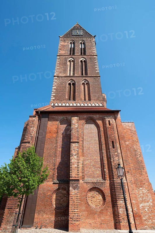 Tower of St Mary's Church, 14th century Gothic brick building, ship severely damaged in the Second World War was blown up in 1960, Wismar, Mecklenburg-Western Pomerania, Germany