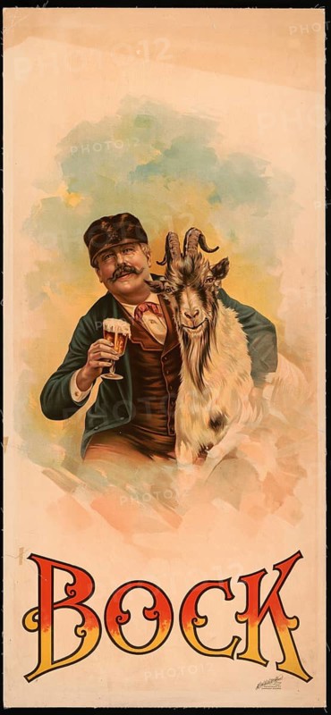 Advertising poster, beverage advertisement, poster for bock beer from the late 19th century. The work of art is attributed to Henry Jerome Schile, a German-American lithographer, and dates from around 1890. The picture shows a man with a moustache and a fur hat, clutching a goat and holding a glass of beer, which is a typical advertising display for this type of beer, authentic reproduction of a historical advertising poster, advertising sign, in high resolution