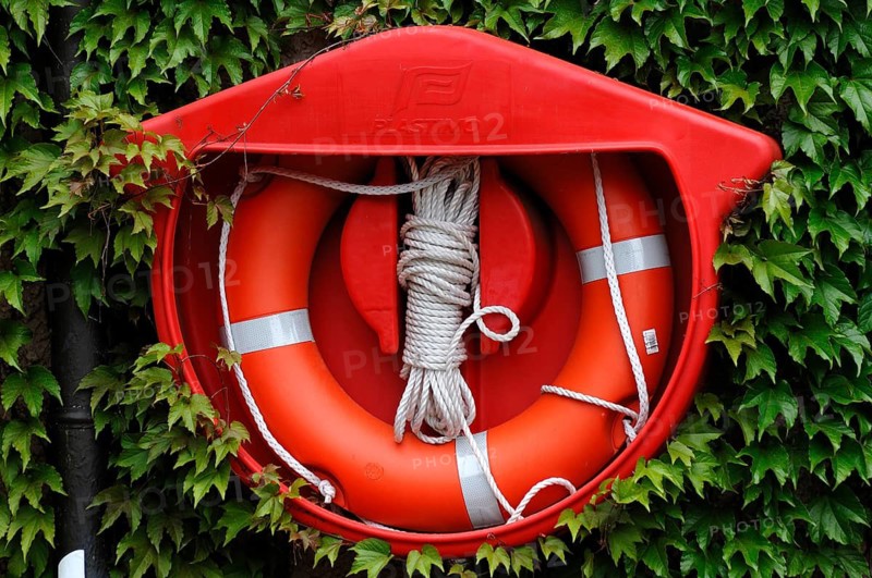Lifebuoy near the polar bear enclosure with water basin in Nuremberg Zoo, Am Tiergarten 30, Nuremberg, Middle Franconia, Bavaria, Germany