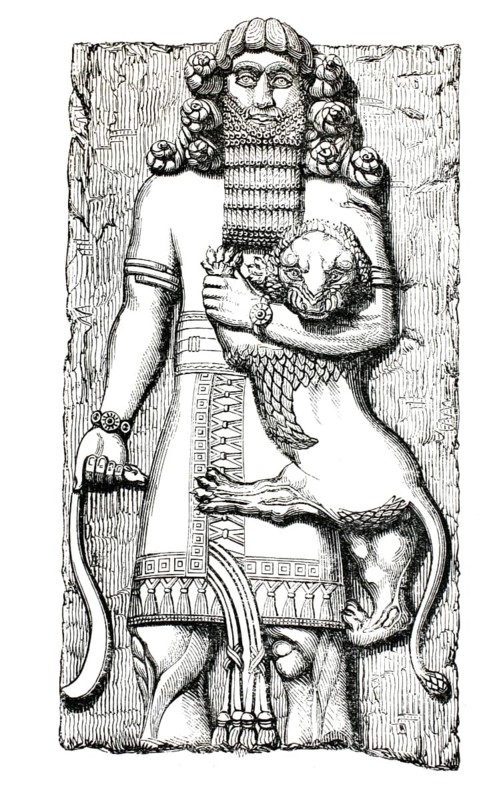 The illustration shows the famous Neo-Assyrian high relief of a lion tamer, which is traditionally often associated with the mythological hero Gilgamesh or the biblical King Nimrod, and is dated to the 8th century BC (c. 713–706 BC) . The monumental figure holds a tame lion in his arms and symbolises royal power, victory over chaos and the ruler's mastery of the wild forces of nature, an authentic, high-resolution reproduction of a 19th-century original, the exact date of the depiction is unknown, Historical