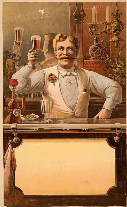 Advertising poster, beverage advertisement, Victorian commercial print depicts a smiling bartender with a moustache, lith in 1889 by Henderson-Achert-Krebs. Co. from Cincinnati was originally used as an advertisement for bock beer, authentic reproduction of a historical advertising poster, advertising sign, in high resolution