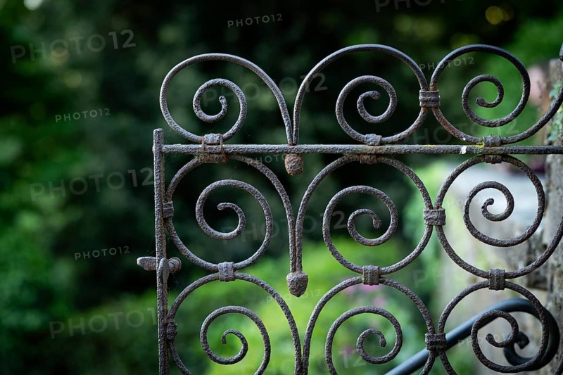 Close-up view of a rusty iron gate with spirals against a blurred green background, Bardini Garden or Giardino Bardini, Florence