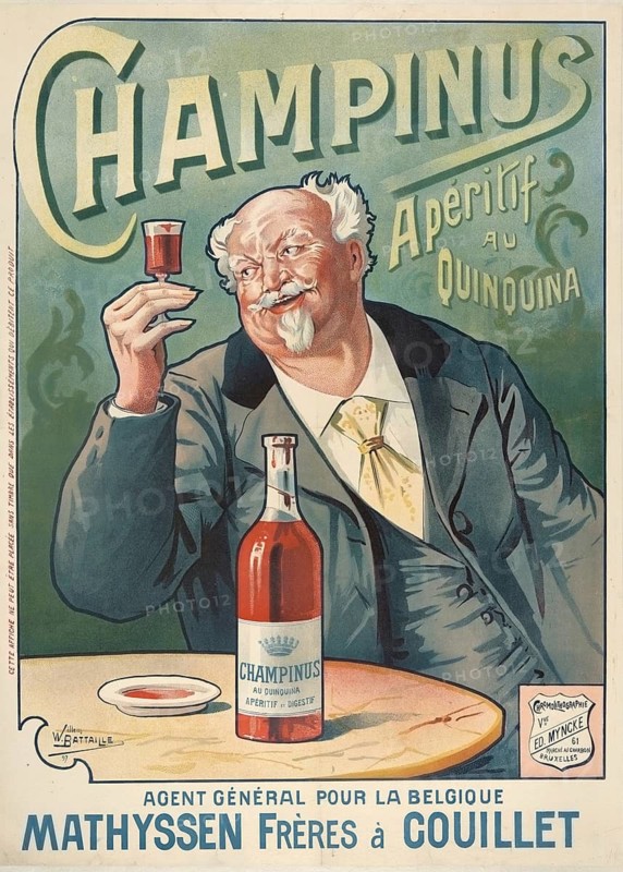 Advertising poster, beverage advertisement, advertising poster for the Belgian liqueur Champinus Aperitif au Quinquina, designed by the Belgian artist Willem Battaille in 1897, authentic reproduction of a historical advertising poster, advertising sign, in high resolution