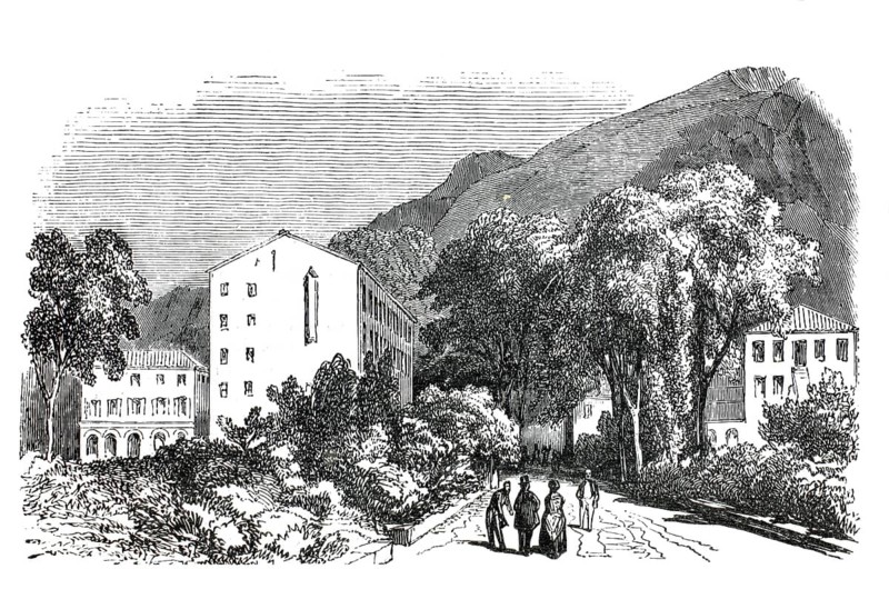 The historic Vernet-les-Bains sanatorium and thermal spring in France, illustration shows the entrance area of the former spa business, 1860, authentic, high-resolution reproduction of a model from the 19th century, exact date of presentation unknown, historical