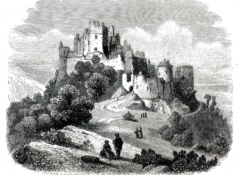 Bourscheid Castle in Luxembourg around 1859. It was, among other things, the historic residence of the Metternich family, authentic, high-resolution reproduction of a model from the 19th century, exact date of depiction unknown, historical